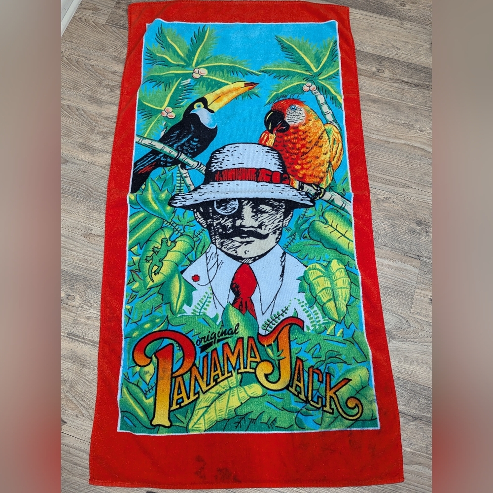 PANAMA JACK Beach Towel VTG 90s Tropical Jungle Parrots Swim Vacation